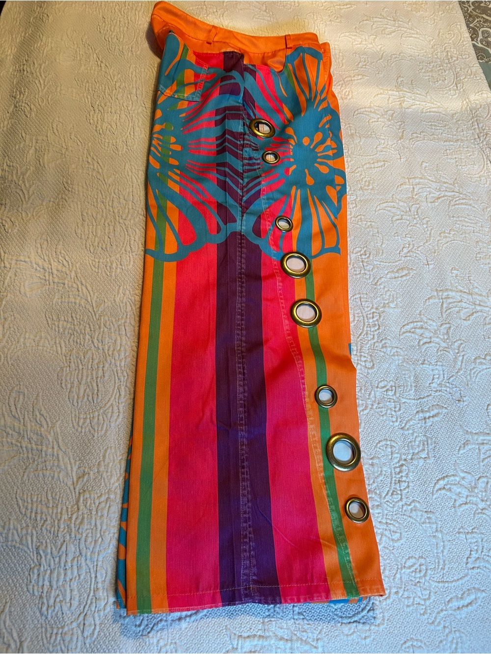 Wide Leg Floral Grommet Pants - Orange Multicolor - Picture 3 of 3